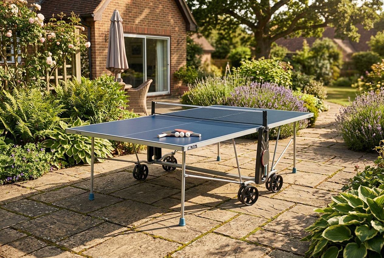 Table de ping pong extérieur ou intérieur installée sur une terrasse pavée, entourée de verdure et d’un jardin.