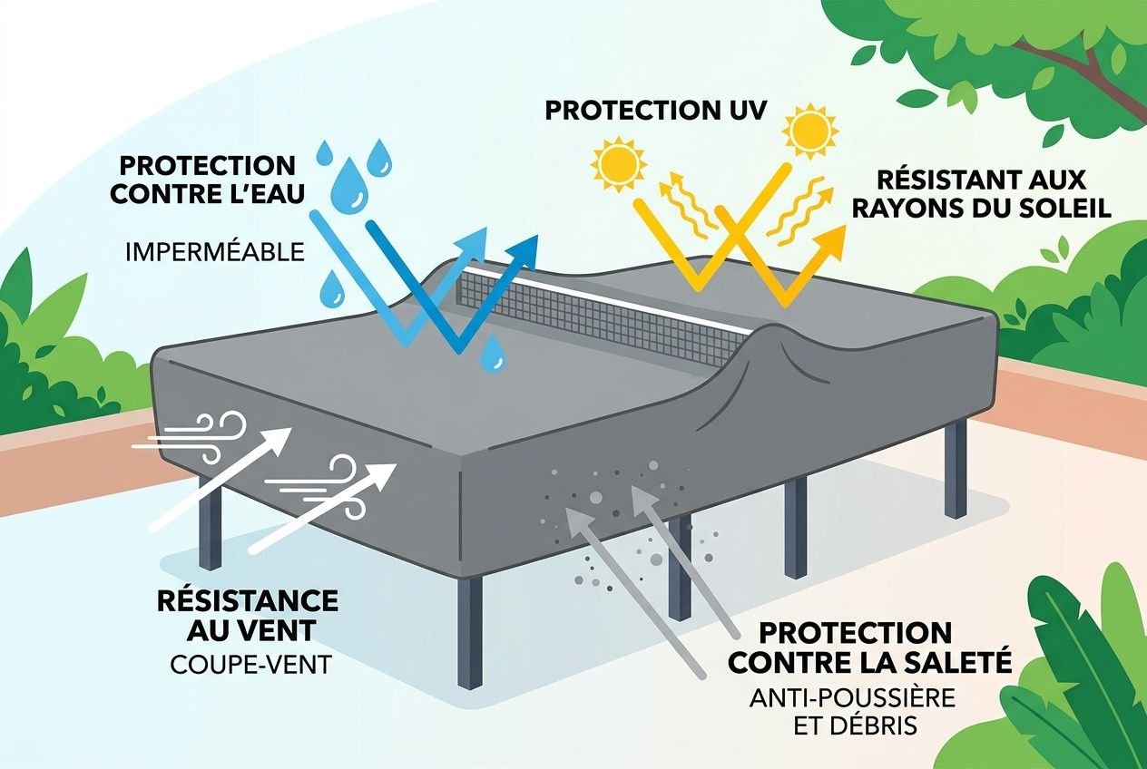Table de ping-pong extérieure illustrée avec protection UV, résistance au vent et eau, et protection contre la poussière et les débris. Entretien table ping pong extérieure.