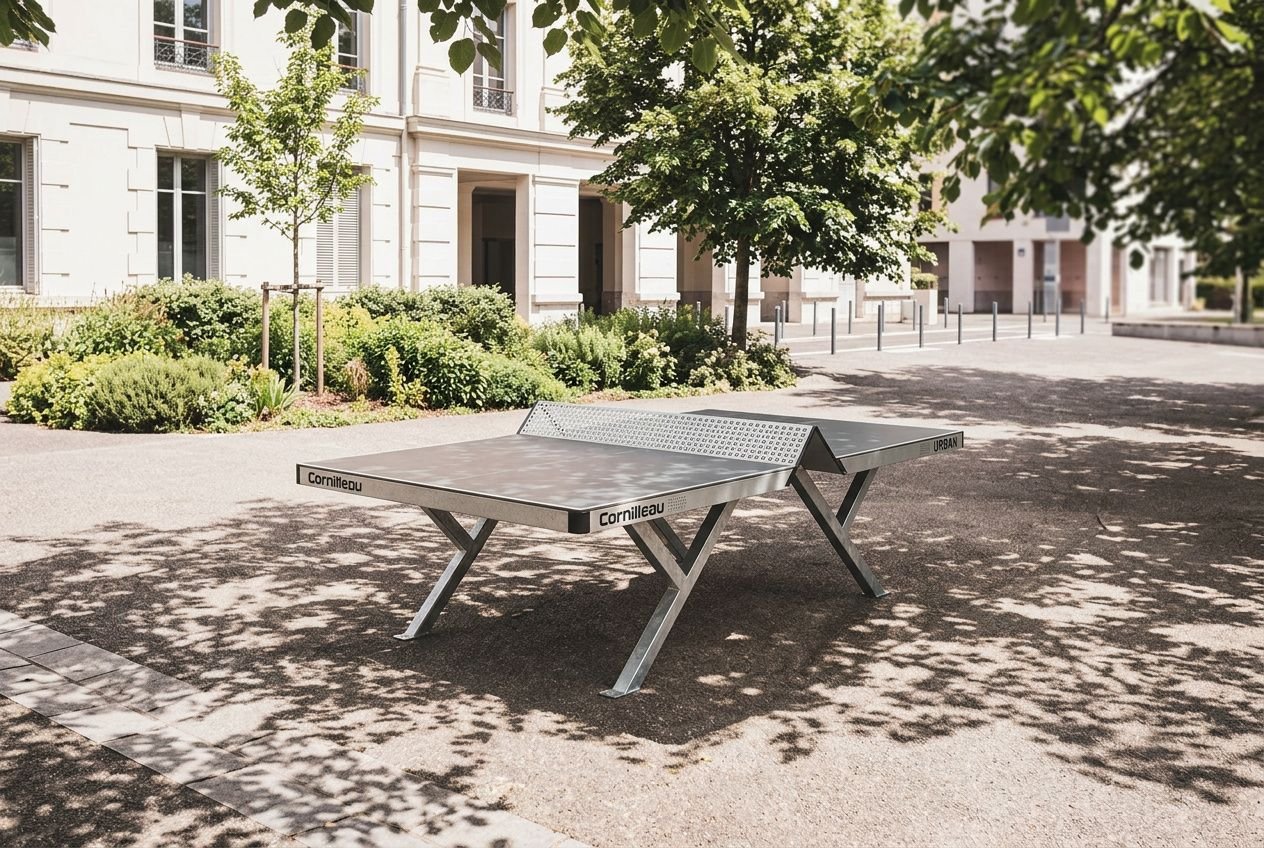Table de ping-pong extérieure installée dans un espace urbain, près d’un bâtiment, entourée d’arbres et d’ombre. Où installer table ping pong.