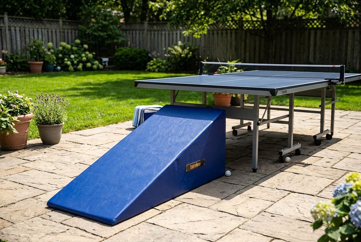 Table de ping-pong extérieure sur terrasse, avec remise d’attaque bleue et filet, entourée d’un jardin. yer une table de ping-pong extérieure