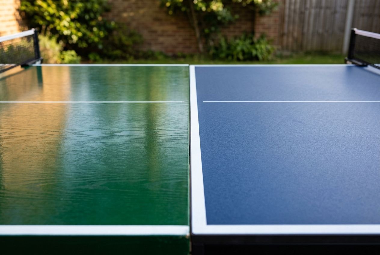 Table de ping pong indoor (bleu) et outdoor (vert) côte à côte, surfaces lisses et lignes blanches visibles. Difference table ping pong indoor et outdoor est illustrée.