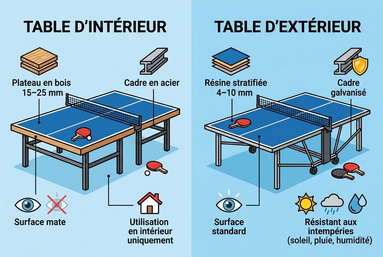 Table de ping-pong intérieur et extérieur avec composants et conseils d’utilisation, en lien avec la taille officielle.