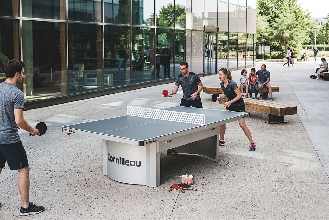 Table de ping-pong en plein air utilisée par plusieurs joueurs chevronnés, entourée d’un environnement urbain et collectif. équipement ping pong collectivités montrant une installation durable et adaptée à un espace communal.