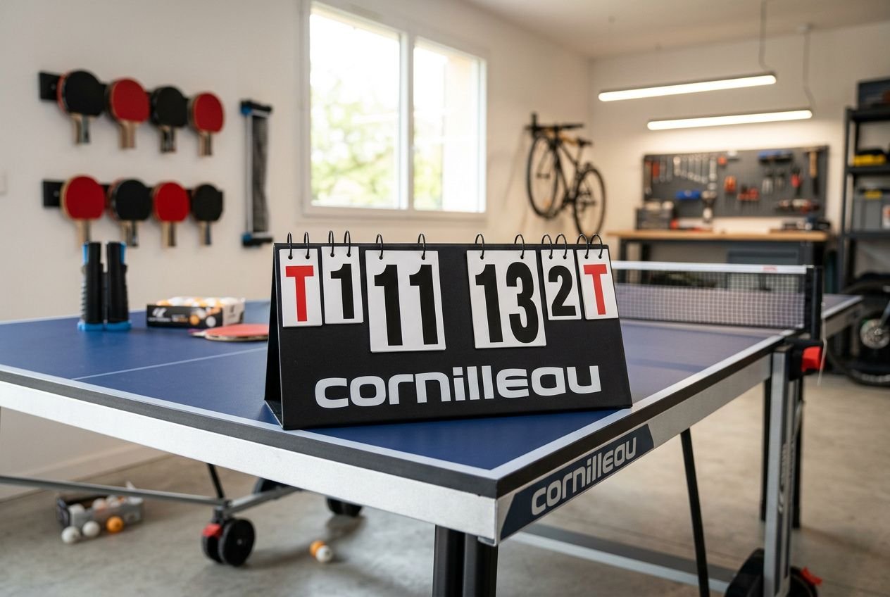 Table de ping pong pliante en intérieur, avec tableau affichant le score et marque Cornilleau sur le plateau bleu.