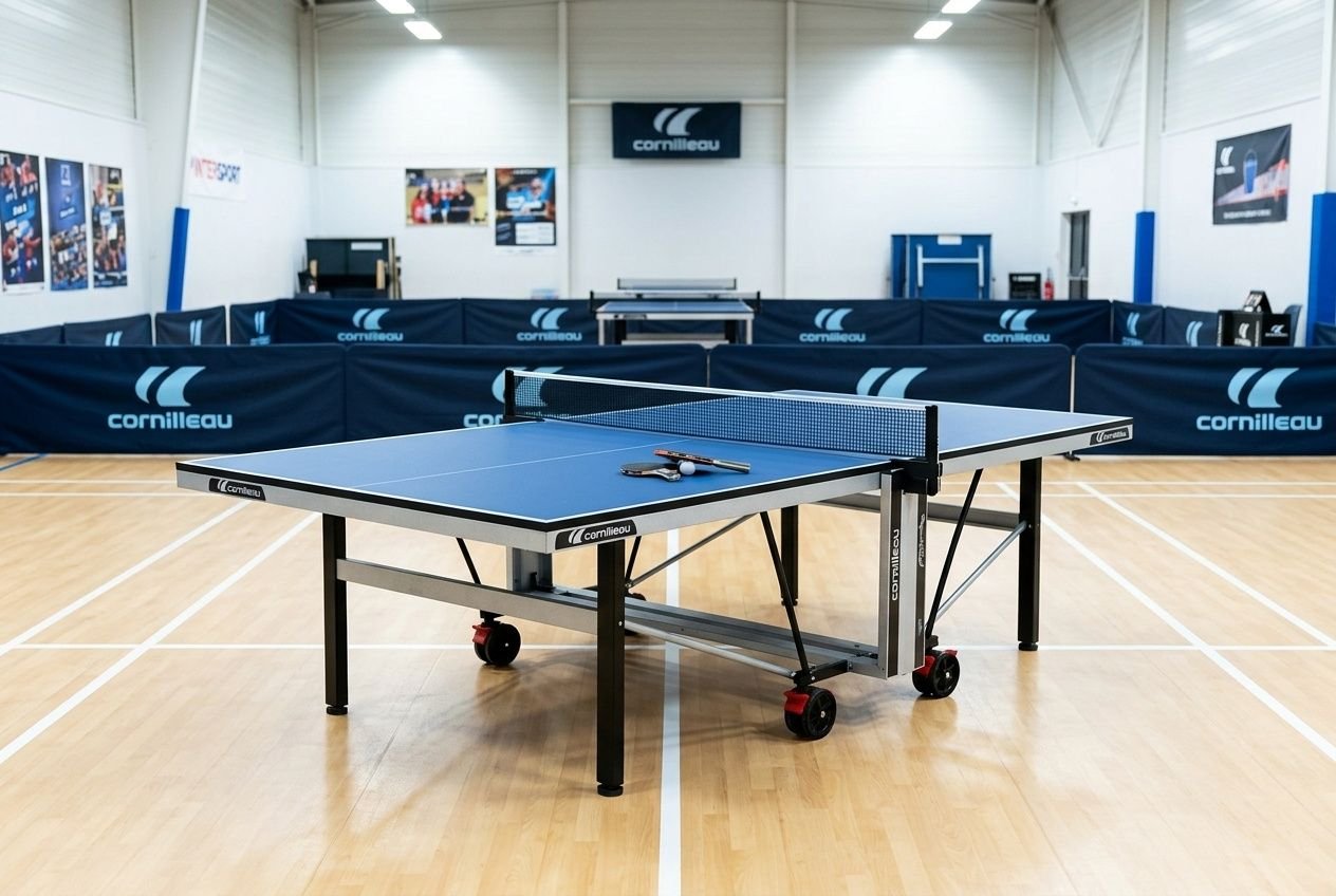 Table de ping-pong en salle avec filet, raquettes et balles sur un parquet, entourée d’obstacles et de barriers, usage loisir ou compétition. diff�?rence entre ping-pong et tennis de table