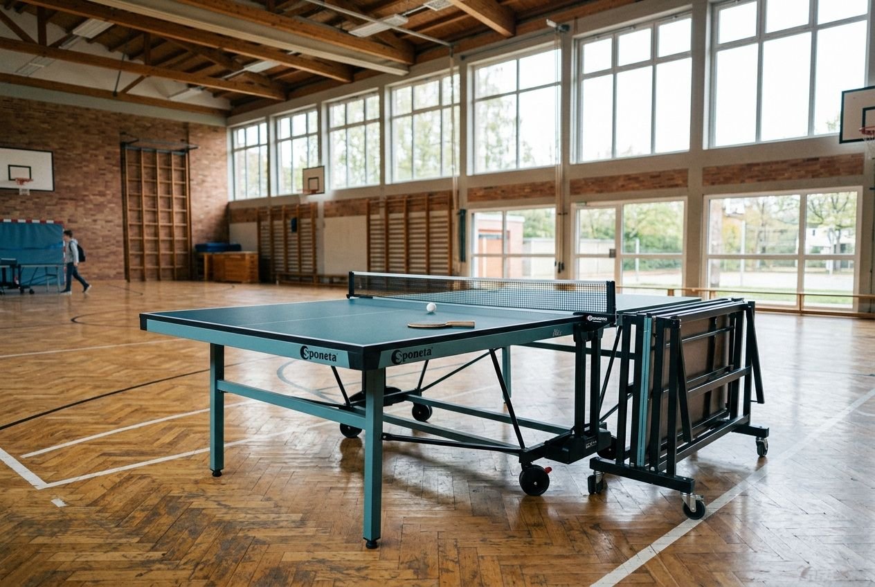Table de ping-pong Cornilleau prête dans une salle gym avec filet et raquettes visibles, adaptée pour usage indoor.