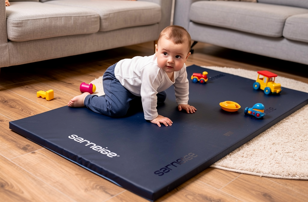 Tapis de gym bleu marine posé au sol dans un coin jeu d'un salon, où un jeune enfant joue en toute sécurité.