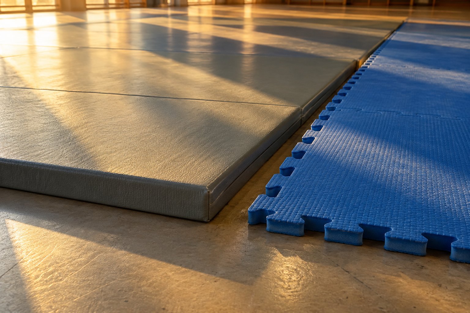 Tapis gris épais posé à côté d’une natte bleue en mousse sur le sol.