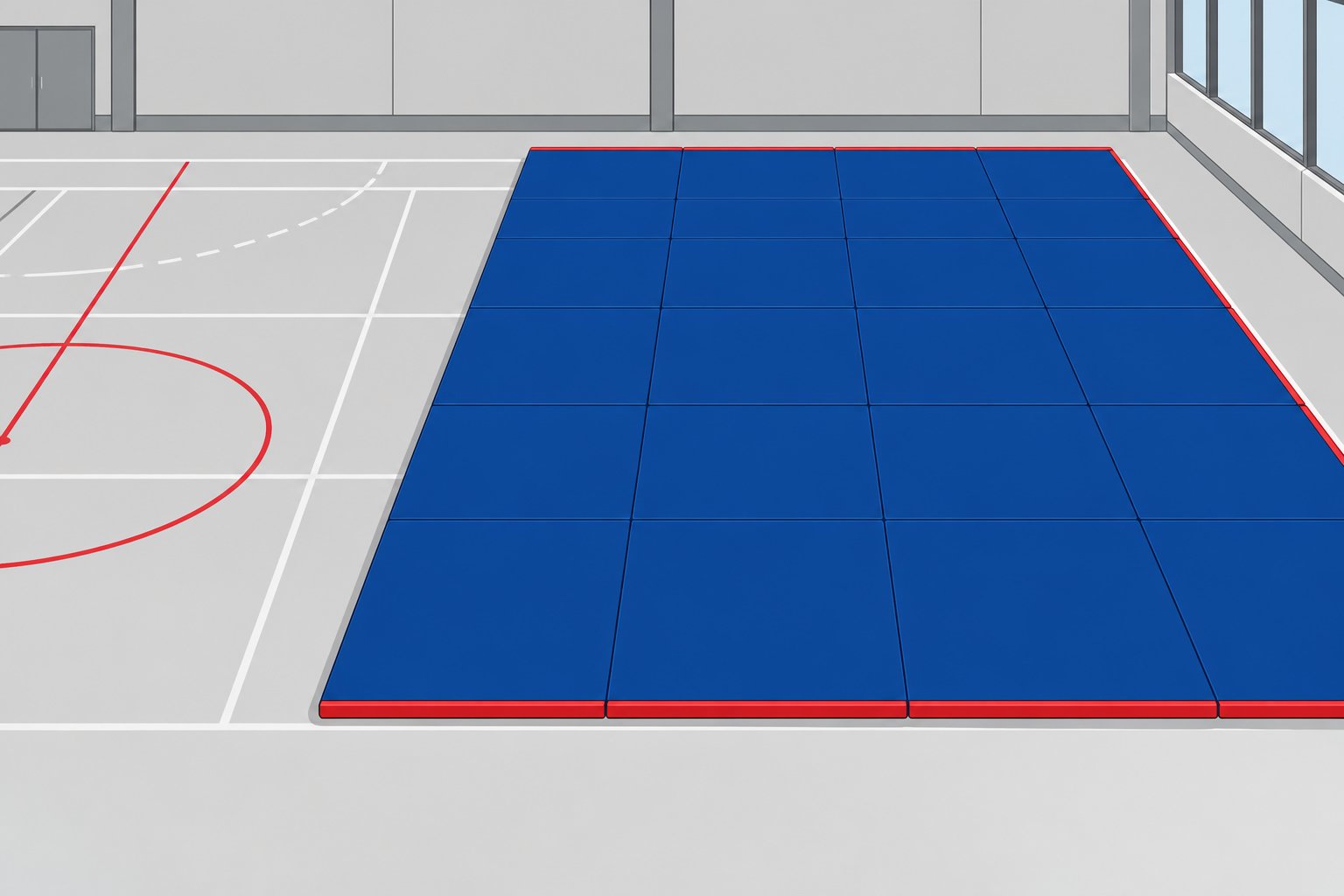 Tapis de gymnastique bleu posé au sol d’une salle, adjacent à un terrain de sport marqué au sol.