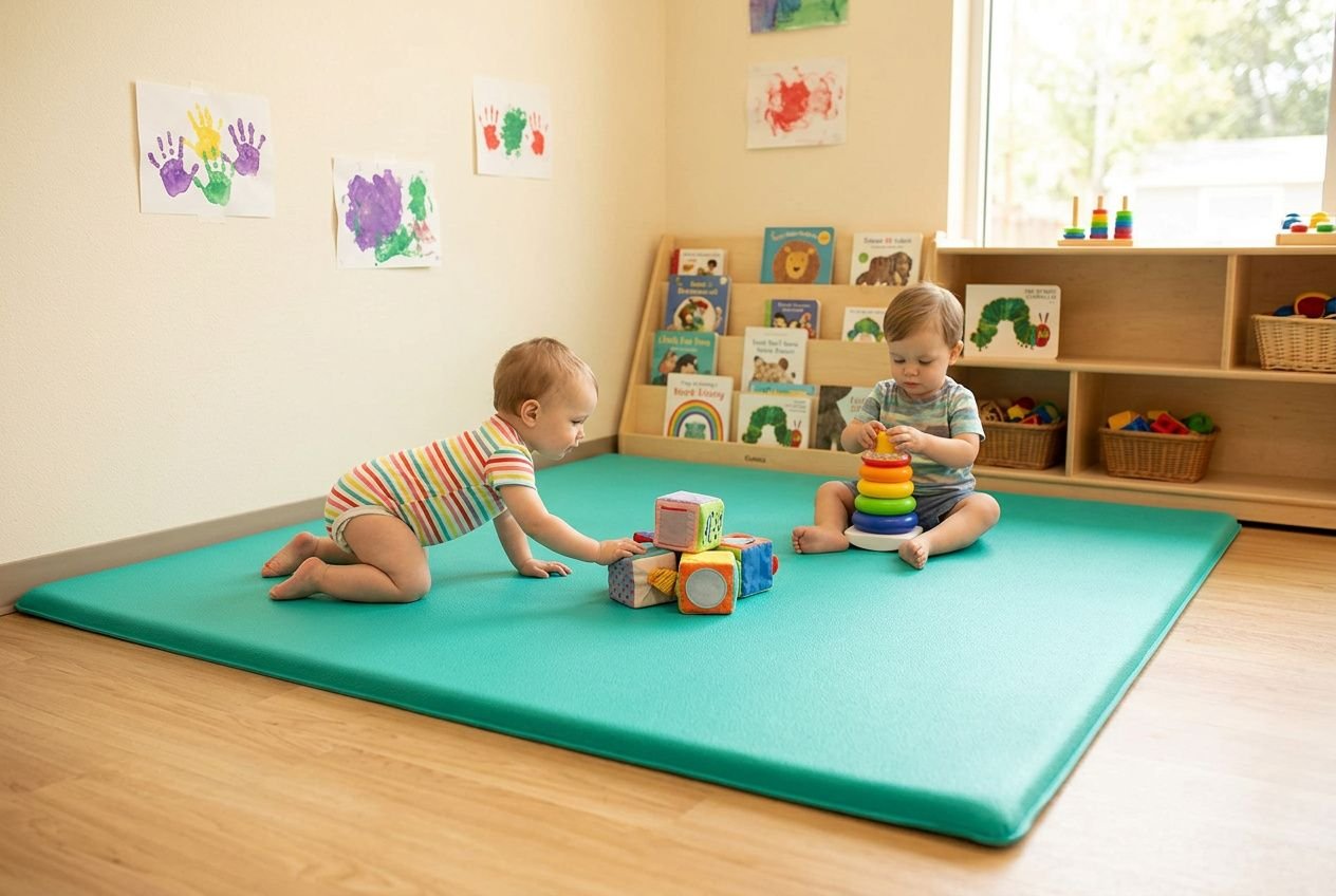 Tapis de jeu en mousse turquoise installé dans un coin de salle de crèche pour jeunes enfants.