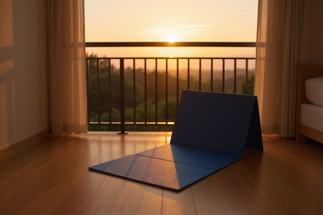 Tapis de yoga de voyage pliable déplié sur un balcon d’hôtel au lever du soleil.