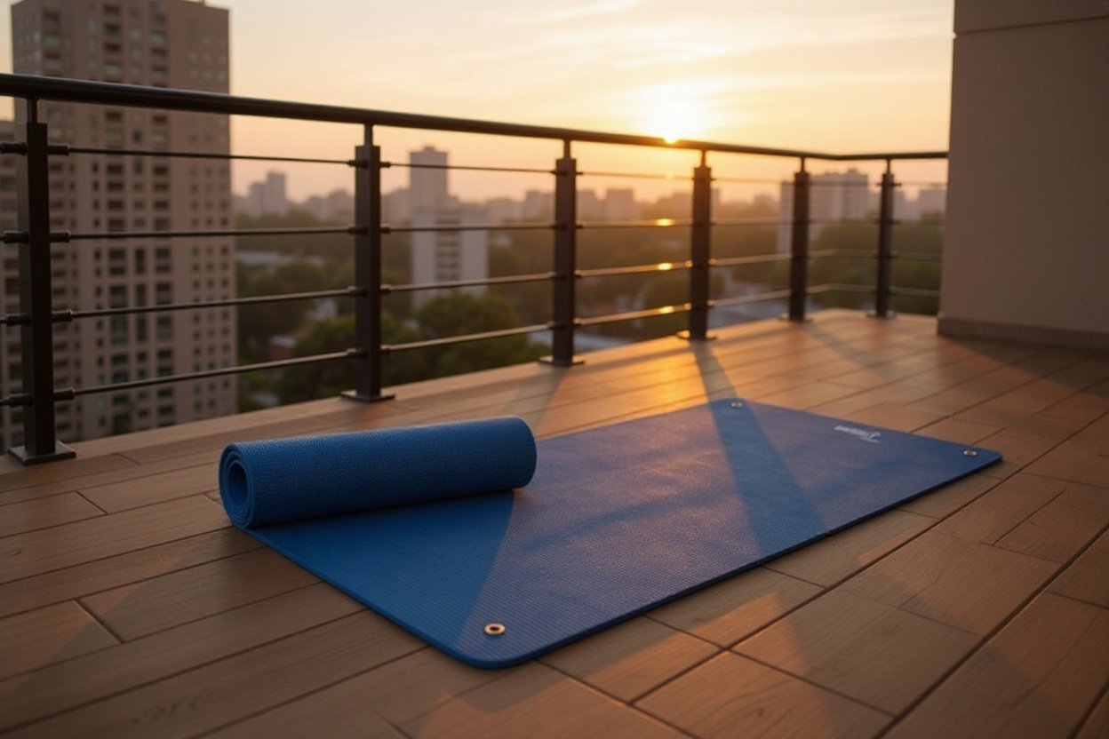 Un tapis de yogade voyage bleu déployé sur le balcon en bois d’un hôtel au lever du soleil.