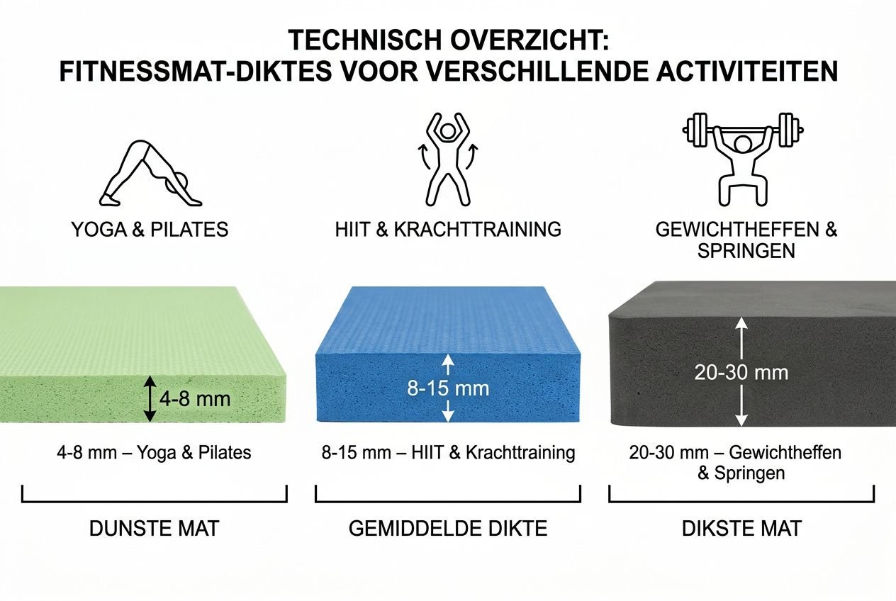 Technisch overzicht: fitnessmatten in drie diktes (dunne, gemiddelde en dikke mat) met labels en afmetingen; yogawaaren, HIIT en gewichten grof afgebeeld.