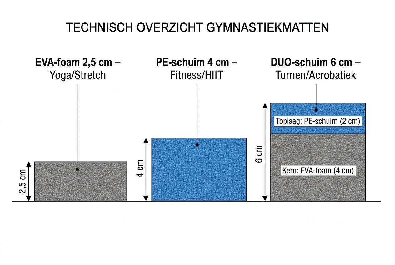 Technisch overzicht van gymnastenmatten met drie types: EVA-foam 2,5 cm, PE-schuim 4 cm en DUO-schuim 6 cm voor turnen en acrobatiek. e turnmat voor thuis geïntegreerd.