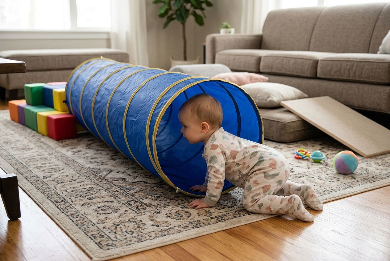 Tunnel de motricité bleu et jaune posé sur le sol d'un salon, avec un bébé qui rampe à l'intérieur.