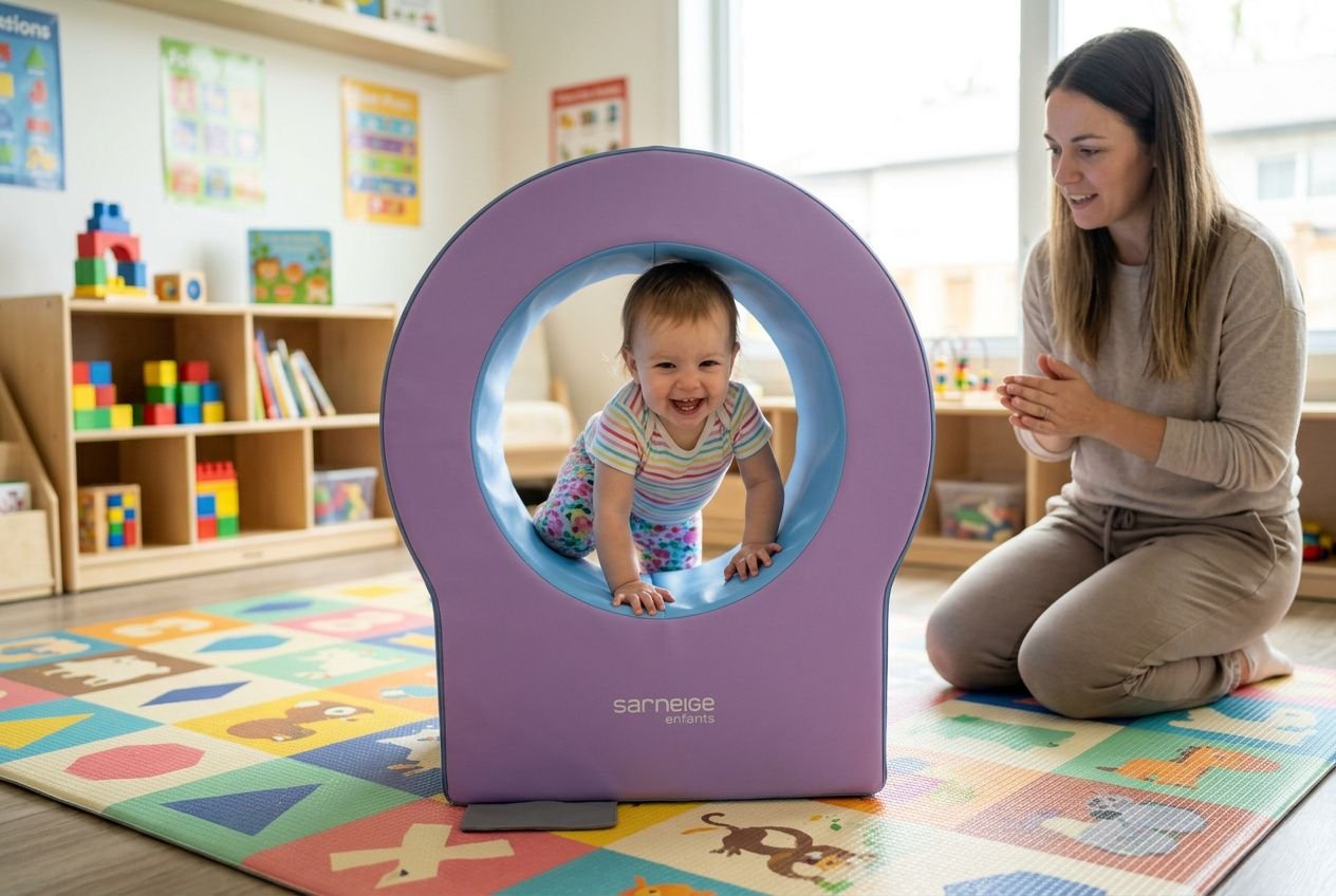 Tunnel en mousse souple violet et bleu posé sur un tapis de jeu dans une salle de motricité pour jeunes enfants.
