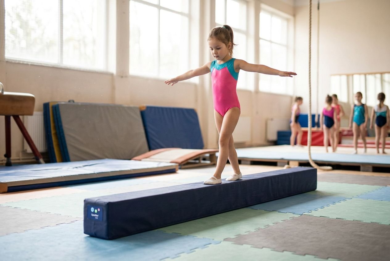 Turnleertjes kind: meisje balanceert op een lentedrager in een gymzaal, met andere kindjes op de achtergrond. turnleertjes kind maat mogelijk.
