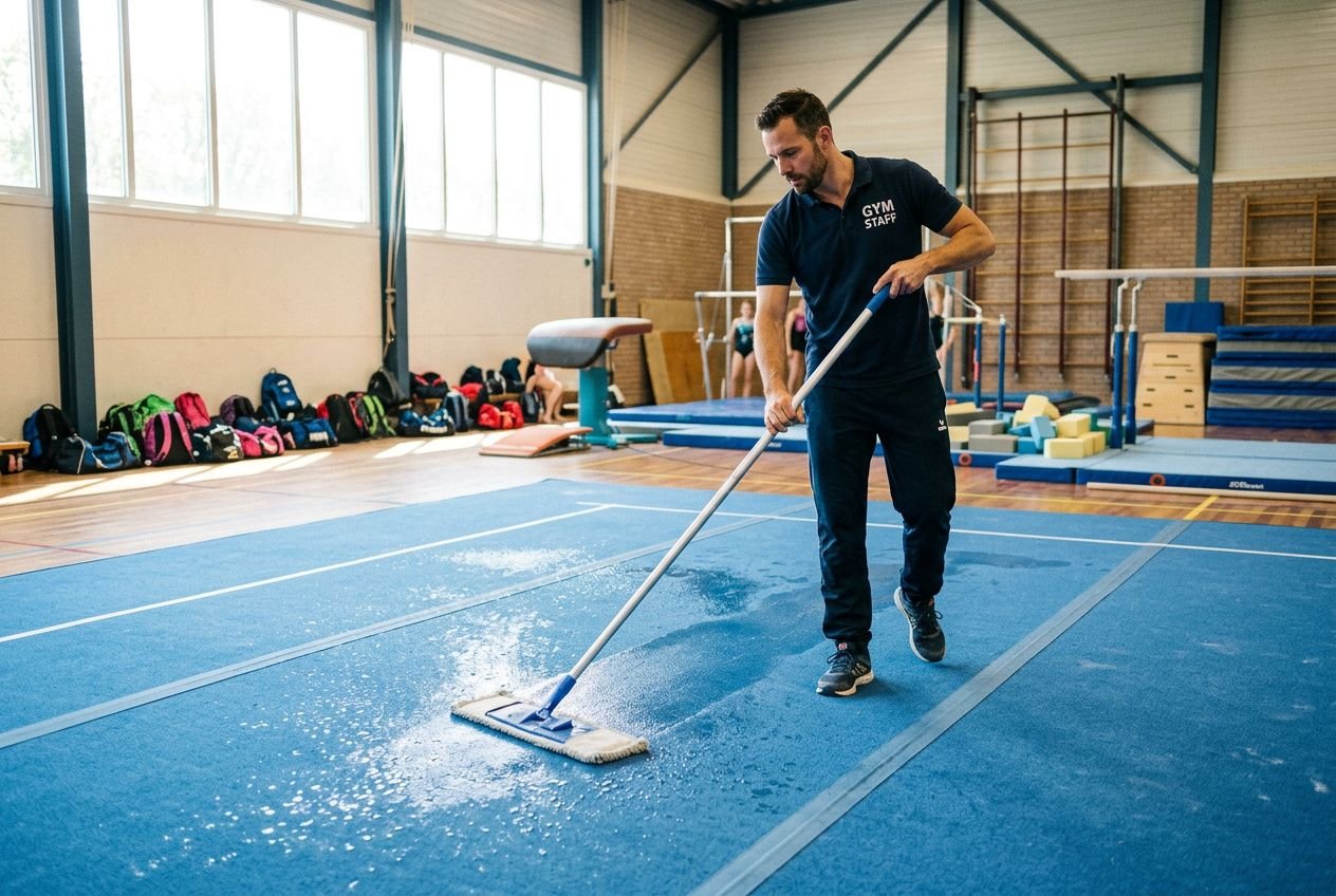 Turnmatten onderhoud tips: een gyminstructeur veegt een natte turnvloer schoon met een lange mop in een sporthal.
