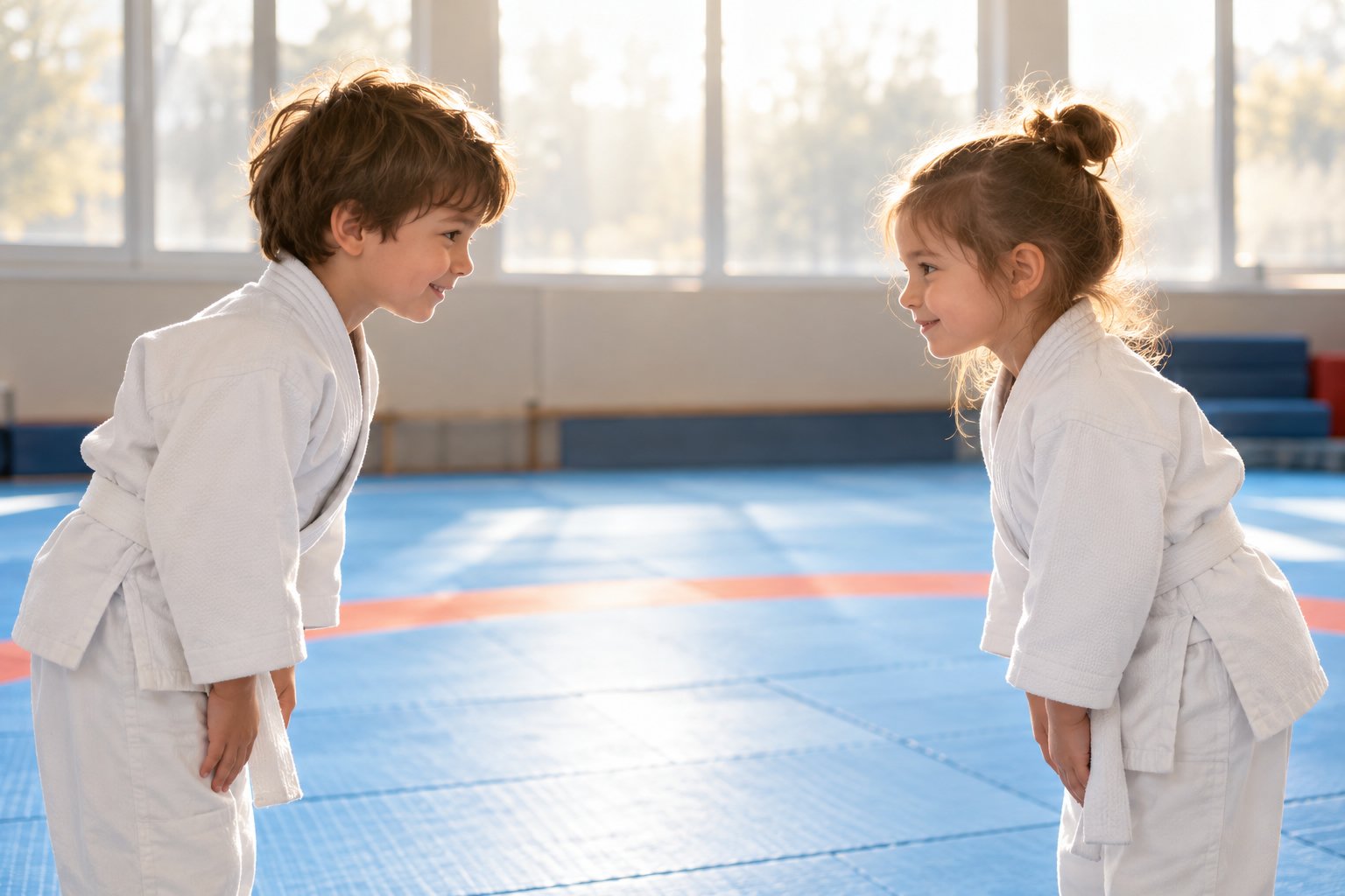 Twee jonge kinderen in judopak buigen naar elkaar voor een begroeting op een mattenvloer.