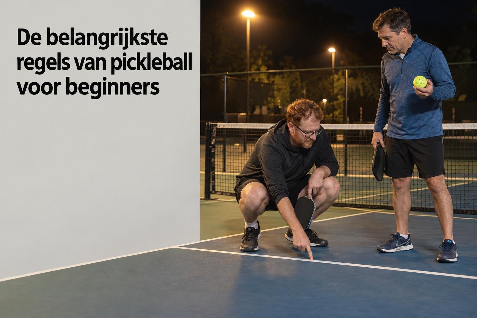 Twee mannen op een paddle-tennistafel-achtige baan tijdens avondlicht; één wijst naar de vloer terwijl de andere een racket vasthoudt, naast een muur met tekst: De belangrijkste regels van pickleball voor beginners.