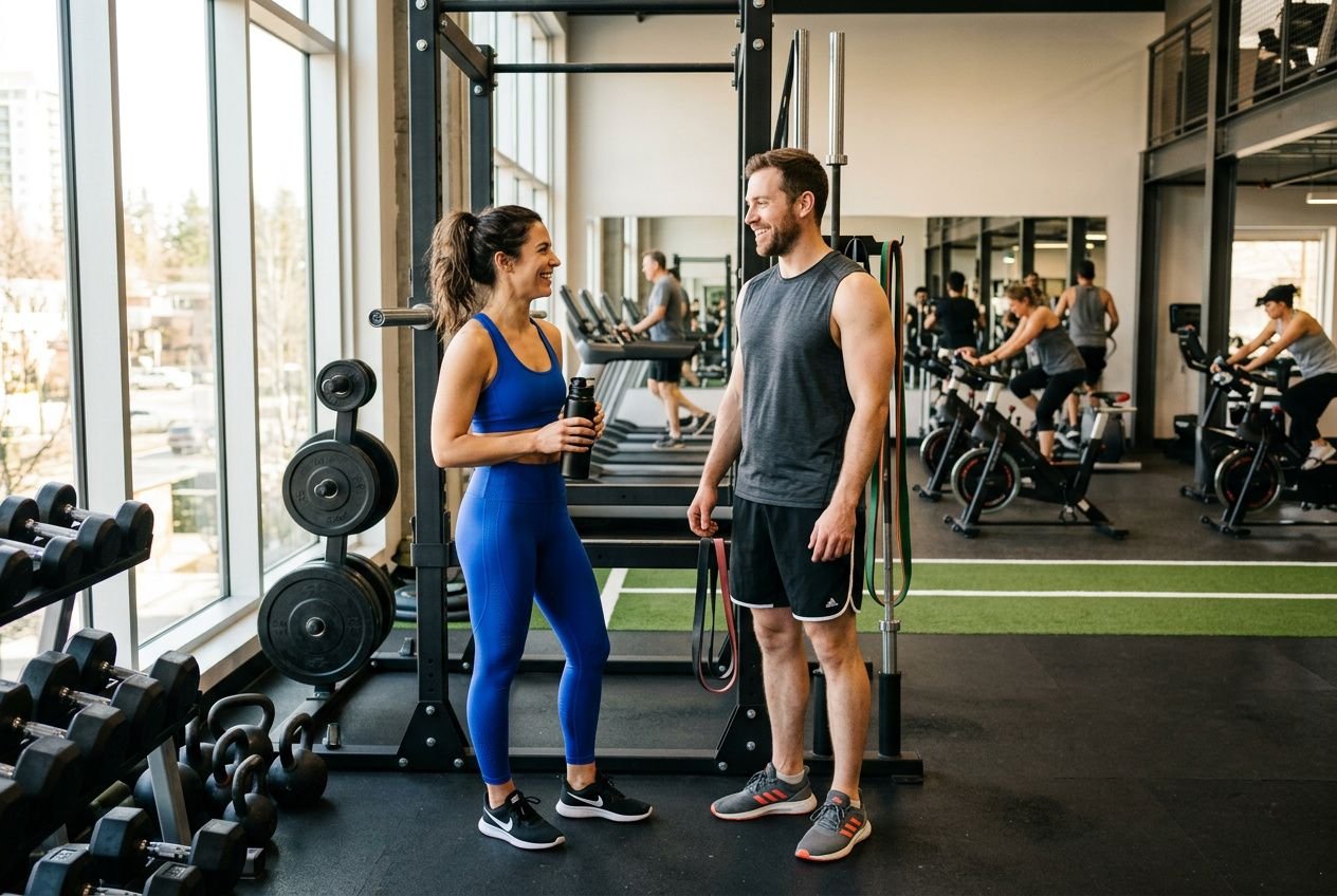 Twee sporters praten in de sportschool, met gewichten en trainingsapparatuur om hen heen.