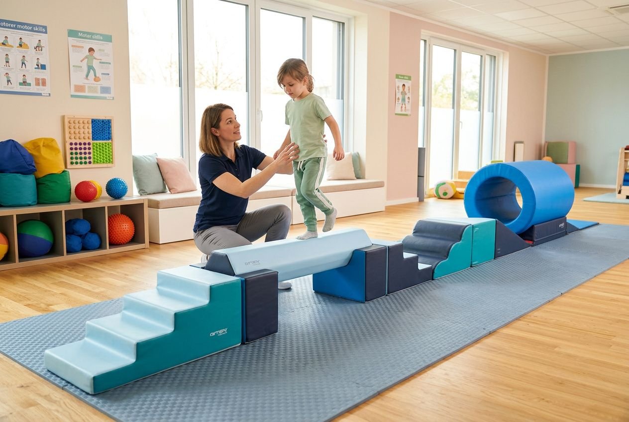 Een volwassene begeleidt een kind bij een pmt therapie volwassenen setting, waarbij ze samen op een zacht parcours oefeningen doen met balans- en stapplatforms.