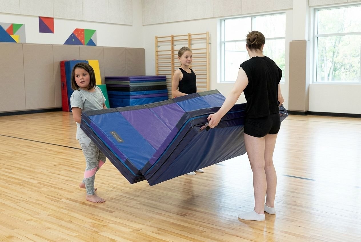 Volwassene en twee kinderen vouwen een grote blauwe gymmat uit in een sportzaal voor psychomotorische oefeningen.