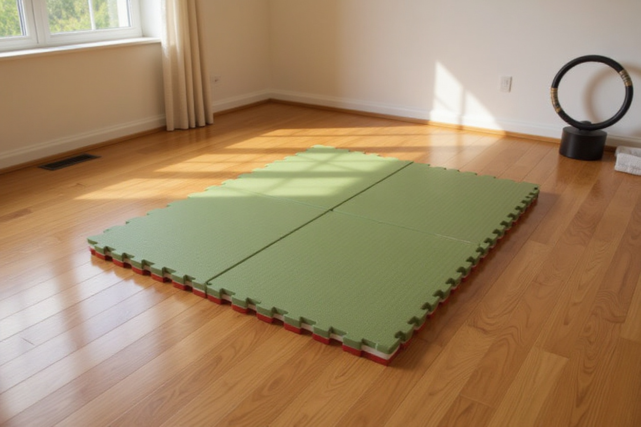 Un grand tapis Pilates emboîtable, posé au centre d’un studio lumineux, met en avant son épaisseur et son adhérence.
