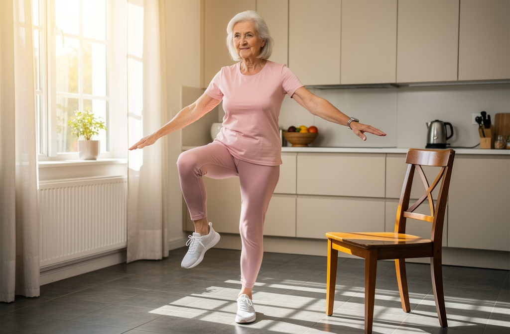 Senior en équilibre sur un pied