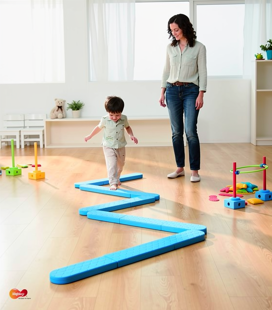 Parcours de motricité coloré en classe maternelle avec un enfant guidé par une adulte, démonstration d’un chemin sinueux.