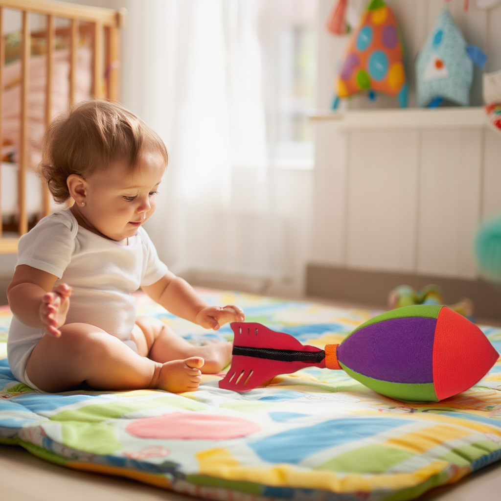 Zacht stoffen raket speelgoed op babyspeelkleed in veilige kinderkamer