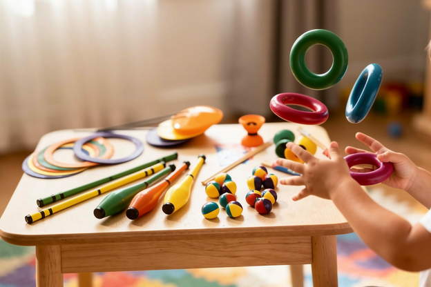 Kind oefent met gekleurde jongleerringen in een speelkamer met jongleerspeelgoed