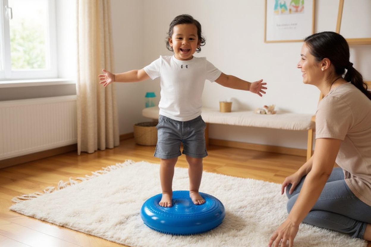Dans une chambre d’enfant lumineuse, un seul coussin d’équilibre bleu posé sur un tapis sert à l’enfant pour s’entraîner à l’équilibre.
