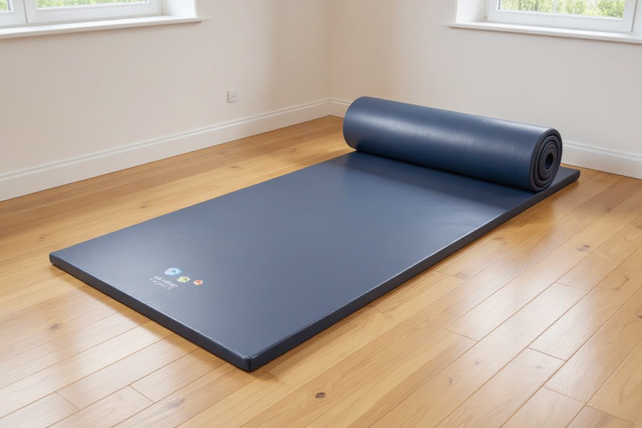 Tapis de gymnastique en caoutchouc déroulé dans un coin lumineux pour séance d'entraînement à domicile