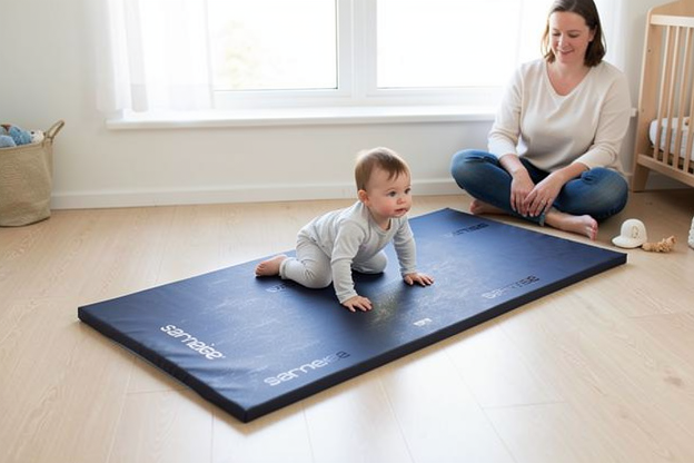 Tapis de gym bleu marine dans une salle de jeu lumineuse avec un tout-petit qui rampe dessus.