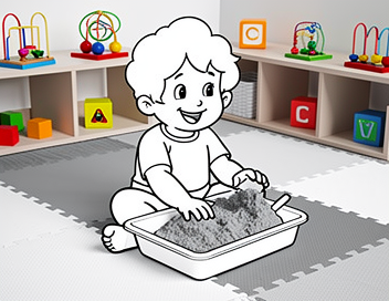 Enfant explorant un bac sensoriel tactile sur un tapis de motricité dans un espace de jeu sécurisé.
