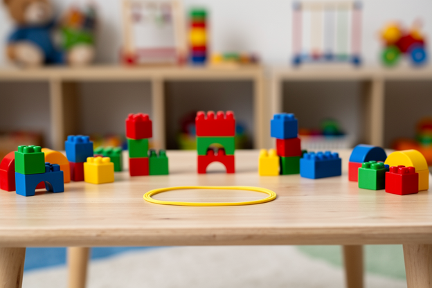 Gele elastische band op kindertafel voor fijne motoriek oefeningen