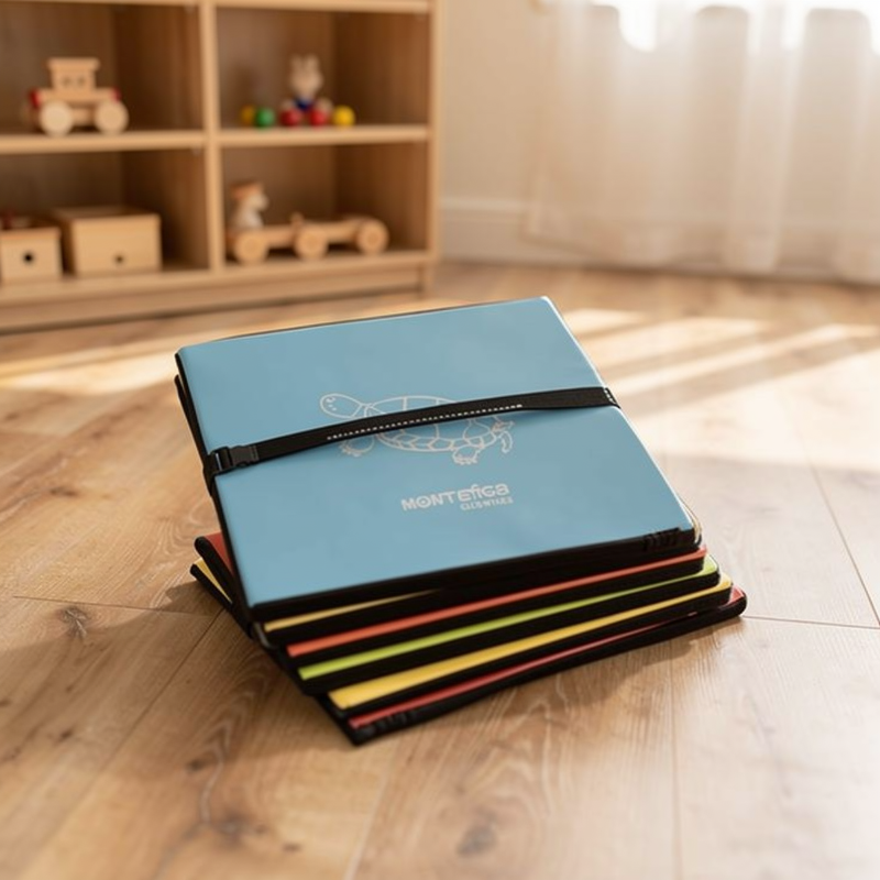 Tapis de motricité pliable posé dans une salle de crèche Montessori