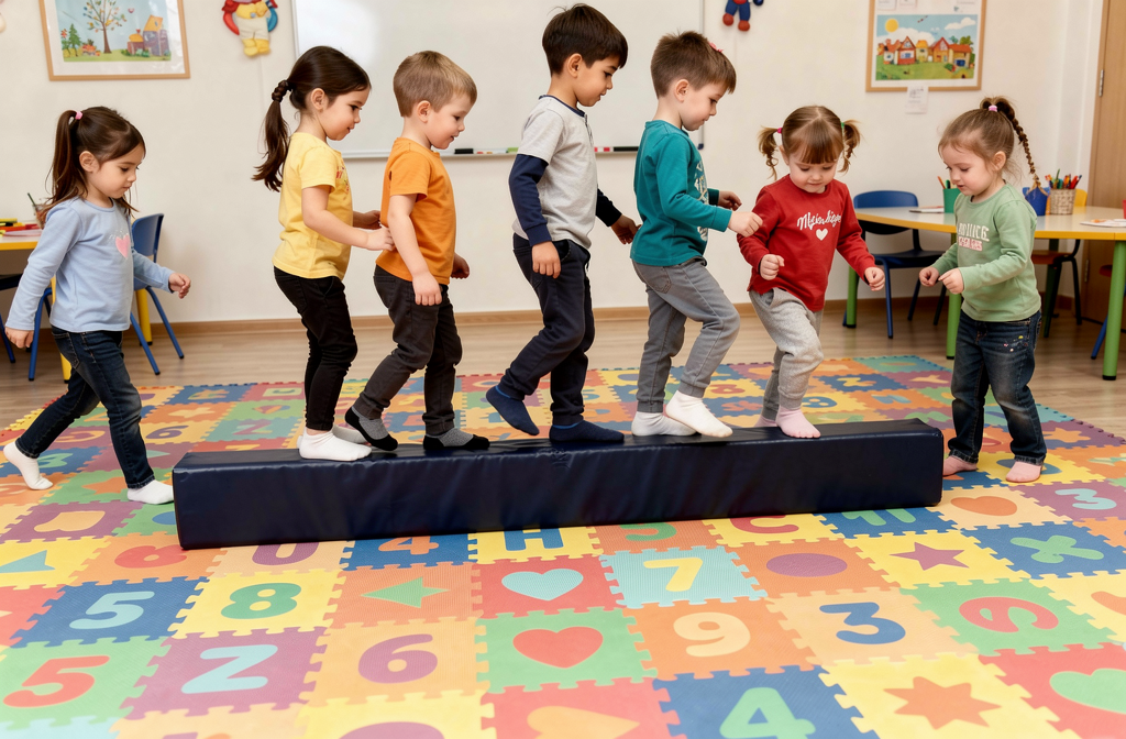Poutre d'équilibre en mousse bleue utilisée lors d'une séance de psychomotricité en maternelle