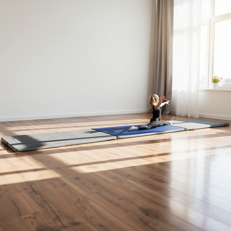Opvouwbare turnmat met antislip oppervlak in een lichte thuisgymnastiekruimte