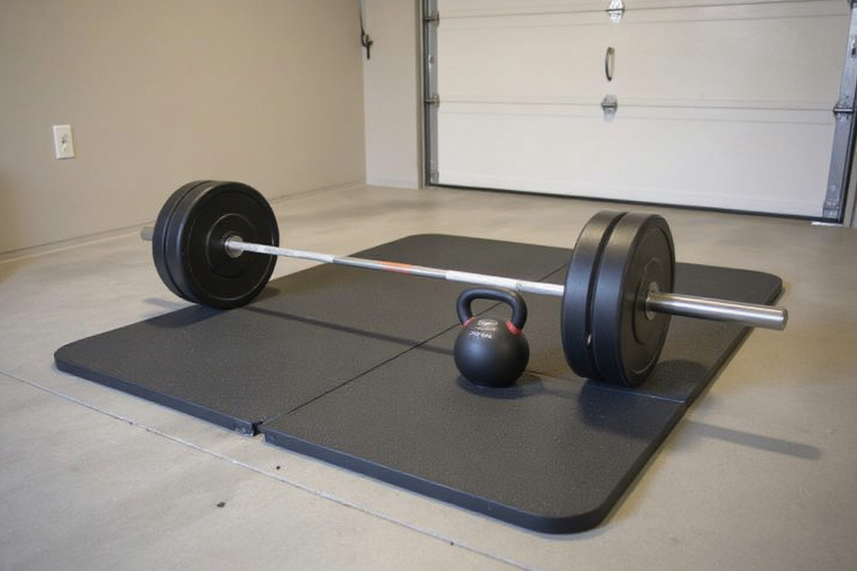 Un tapis de gym en caoutchouc unique sous une barre chargée dans un garage propre.