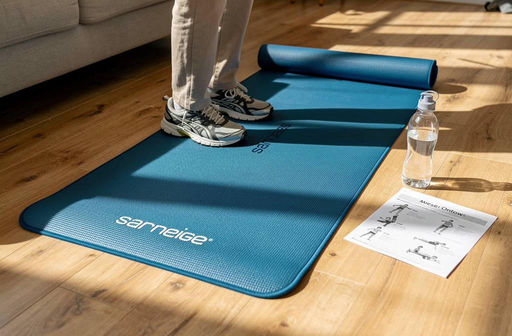 Tapis d'exercice replié posé au sol avec une personne âgée prête pour l'échauffement