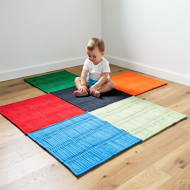 Tapis sensoriels colorés disposés dans un coin d'éveil Montessori pour l'autonomie des tout-petits