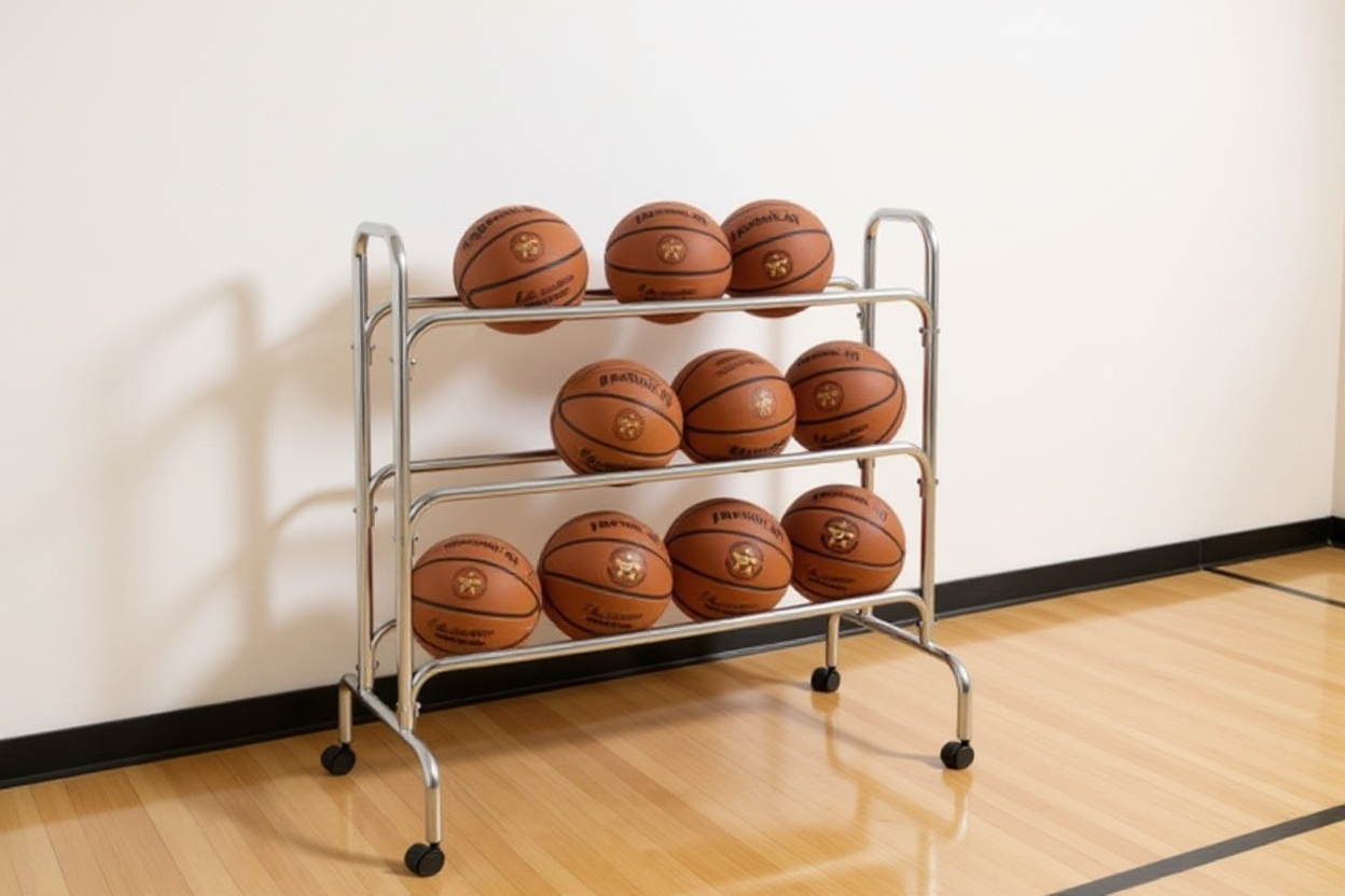 Chariot à roulettes pour ranger les ballons de basket dans un gymnase