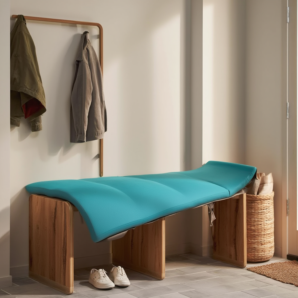 Tapis de gymnastique bleu recyclé en coussin de banc d'entrée confortable.