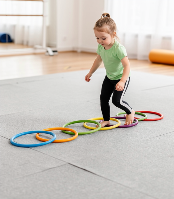 Kleurrijke activiteitsringen op een gymmat voor coördinatieoefeningen bij kinderturnen