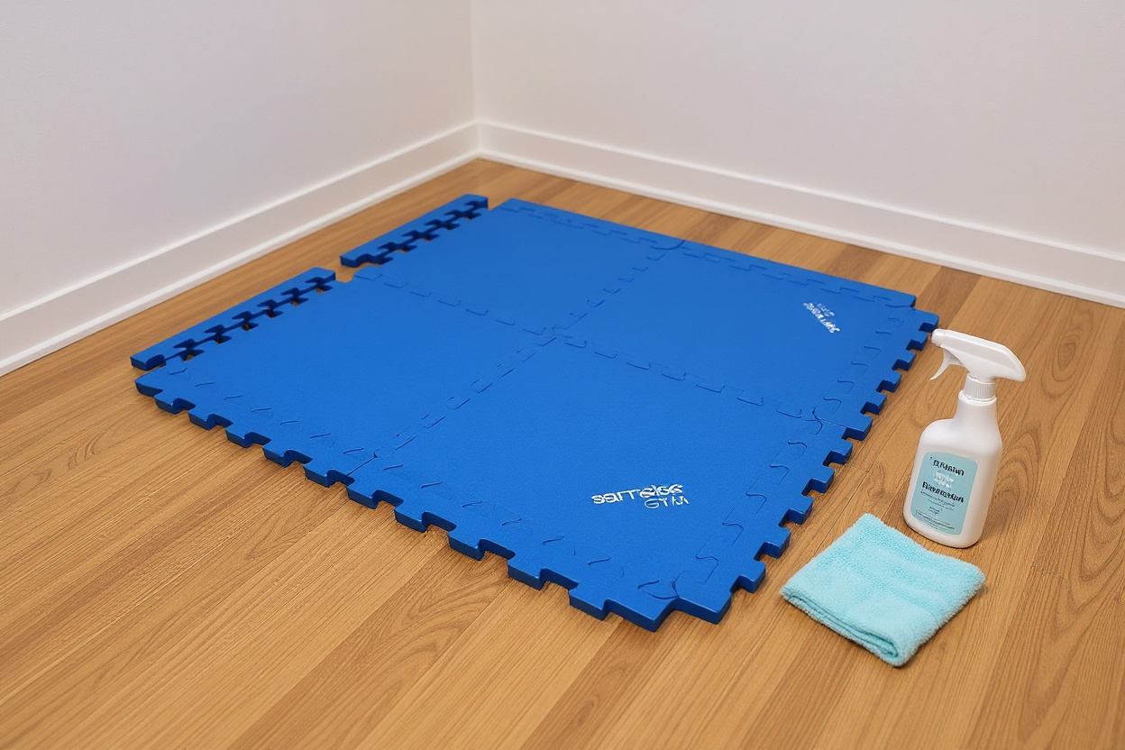 Tapis de sol de gym emboîtable bleu, centré dans un coin de home-gym, prêt à être nettoyé avec spray et chiffon.