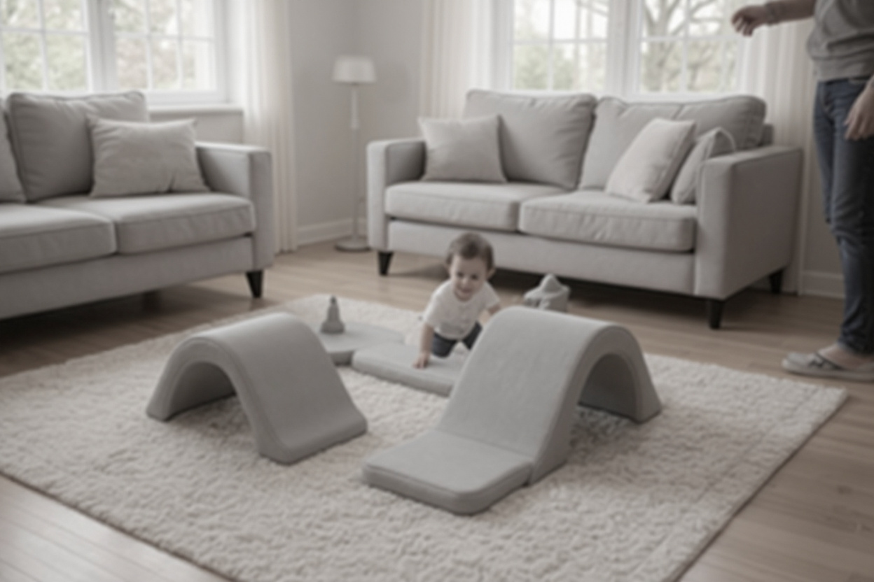 Parcours de motricité bébé en mousse, installé au centre d’un salon lumineux sur un tapis, avec un tout-petit qui grimpe et rampe en sécurité.