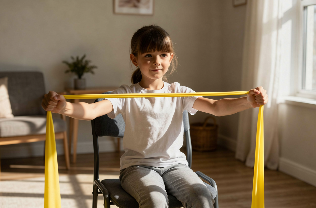 Kind gebruikt gele weerstandsband tijdens PMT oefening voor emotieregulatie en ontspanning.