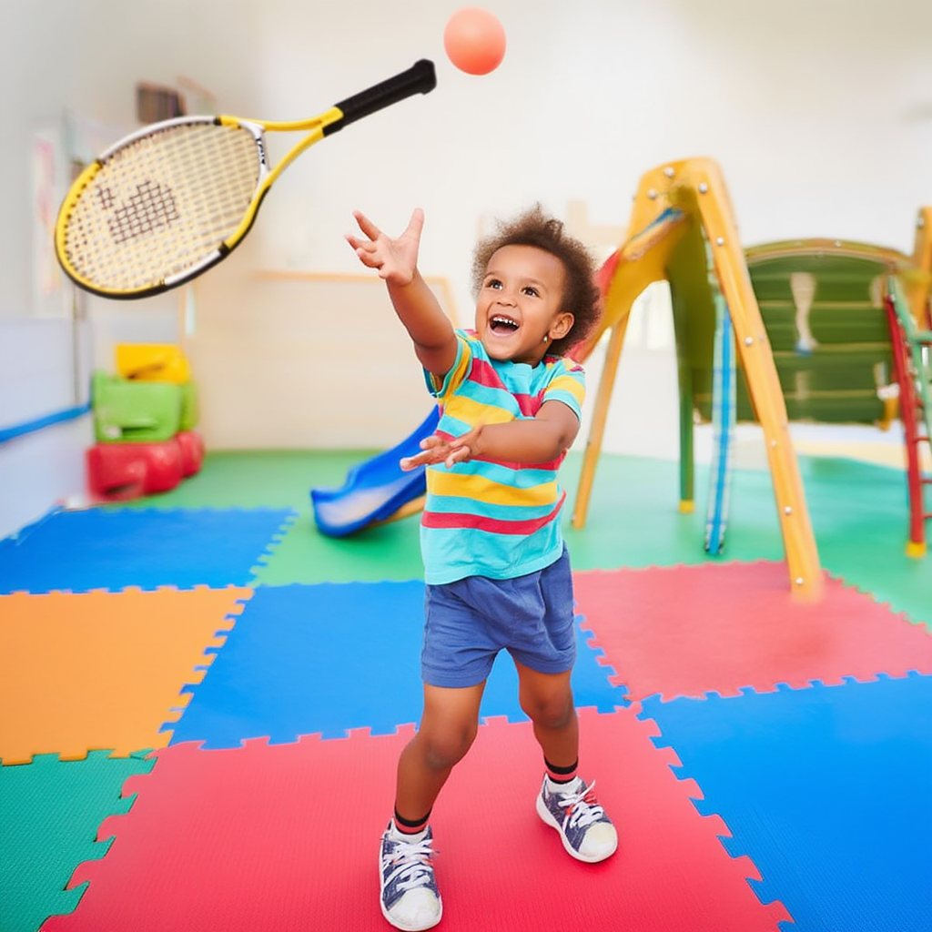 Raquette de tennis junior utilisée par un enfant en activité de psychomotricité